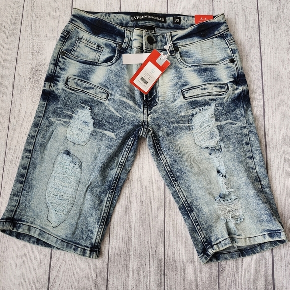 Skinny Fit Distressed Blue Wash Denim Shorts - Picture 2 of 15